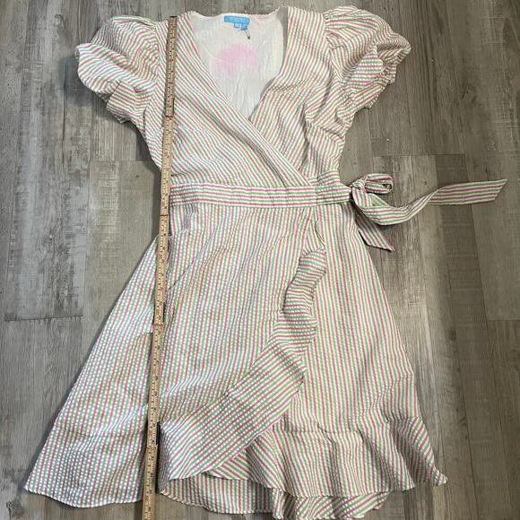 DRAPER JAMES RSVP Puff Sleeve Wrap Dress Ruffled Seersucker Striped Sz medium - Picture 6 of 16